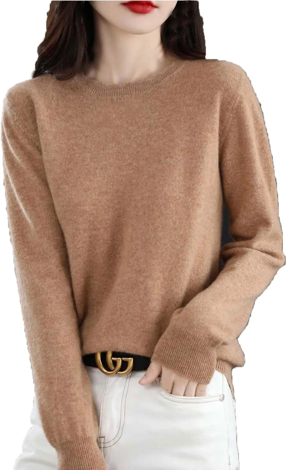 Women's Merino Wool Cashmere Sweater Loose Fit Long Sleeve Crew Neck Plain Knitted Pullover Jumper Tops