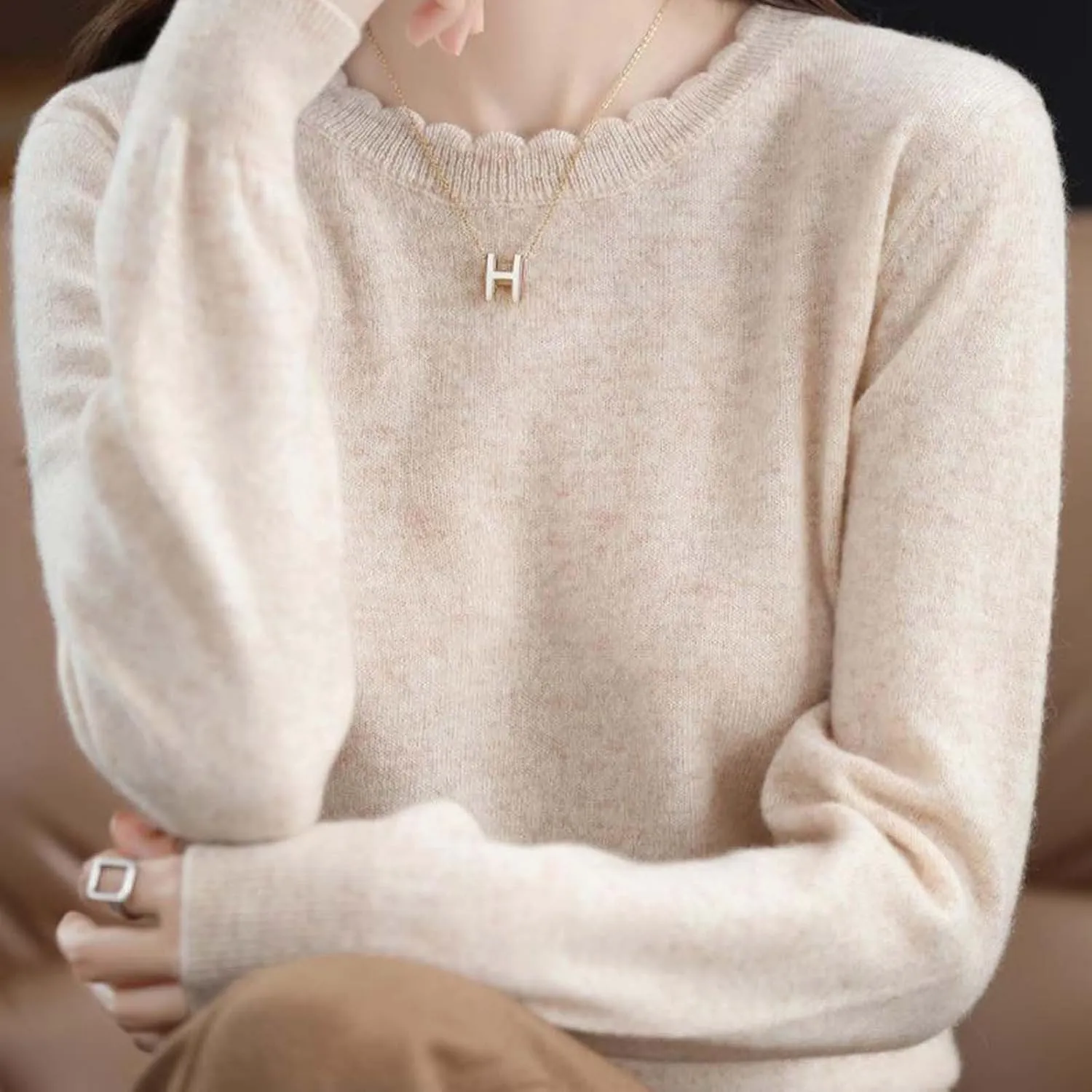 Women's Merino Wool Cashmere Sweater Loose Fit Long Sleeve Crew Neck Plain Knitted Pullover Jumper Tops