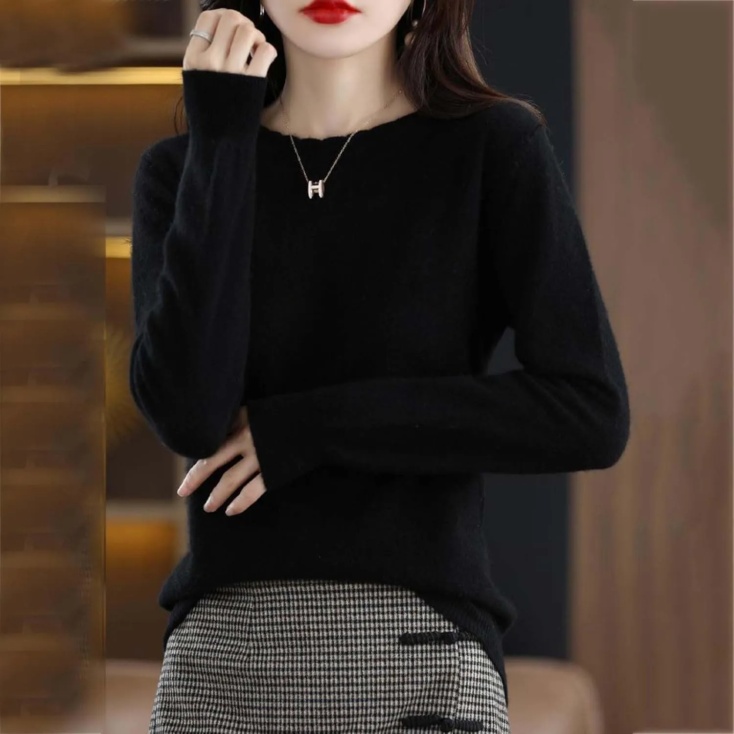 Women's Merino Wool Cashmere Sweater Loose Fit Long Sleeve Crew Neck Plain Knitted Pullover Jumper Tops