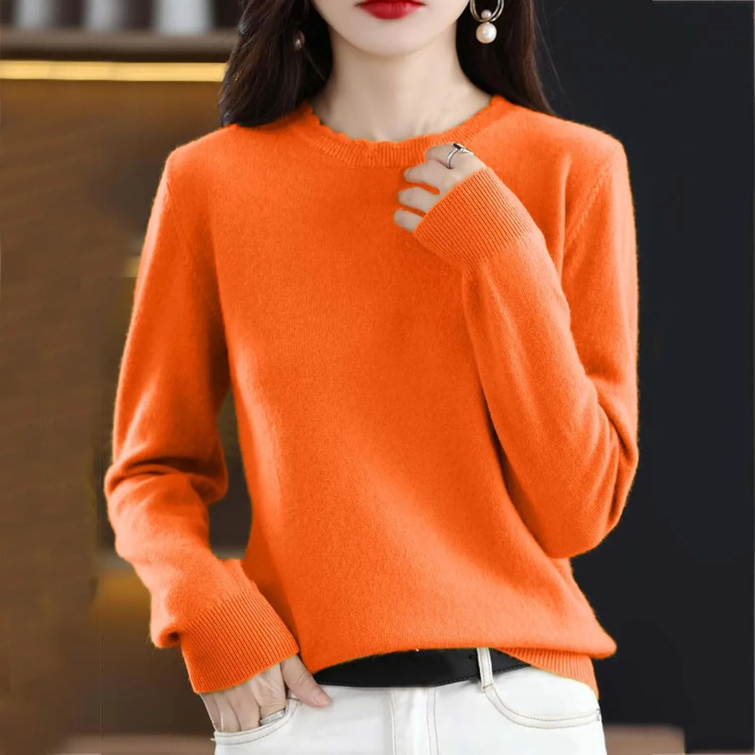 Women's Merino Wool Cashmere Sweater Loose Fit Long Sleeve Crew Neck Plain Knitted Pullover Jumper Tops