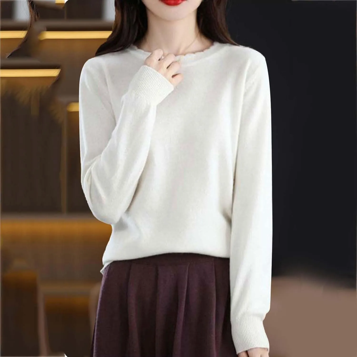 Women's Merino Wool Cashmere Sweater Loose Fit Long Sleeve Crew Neck Plain Knitted Pullover Jumper Tops