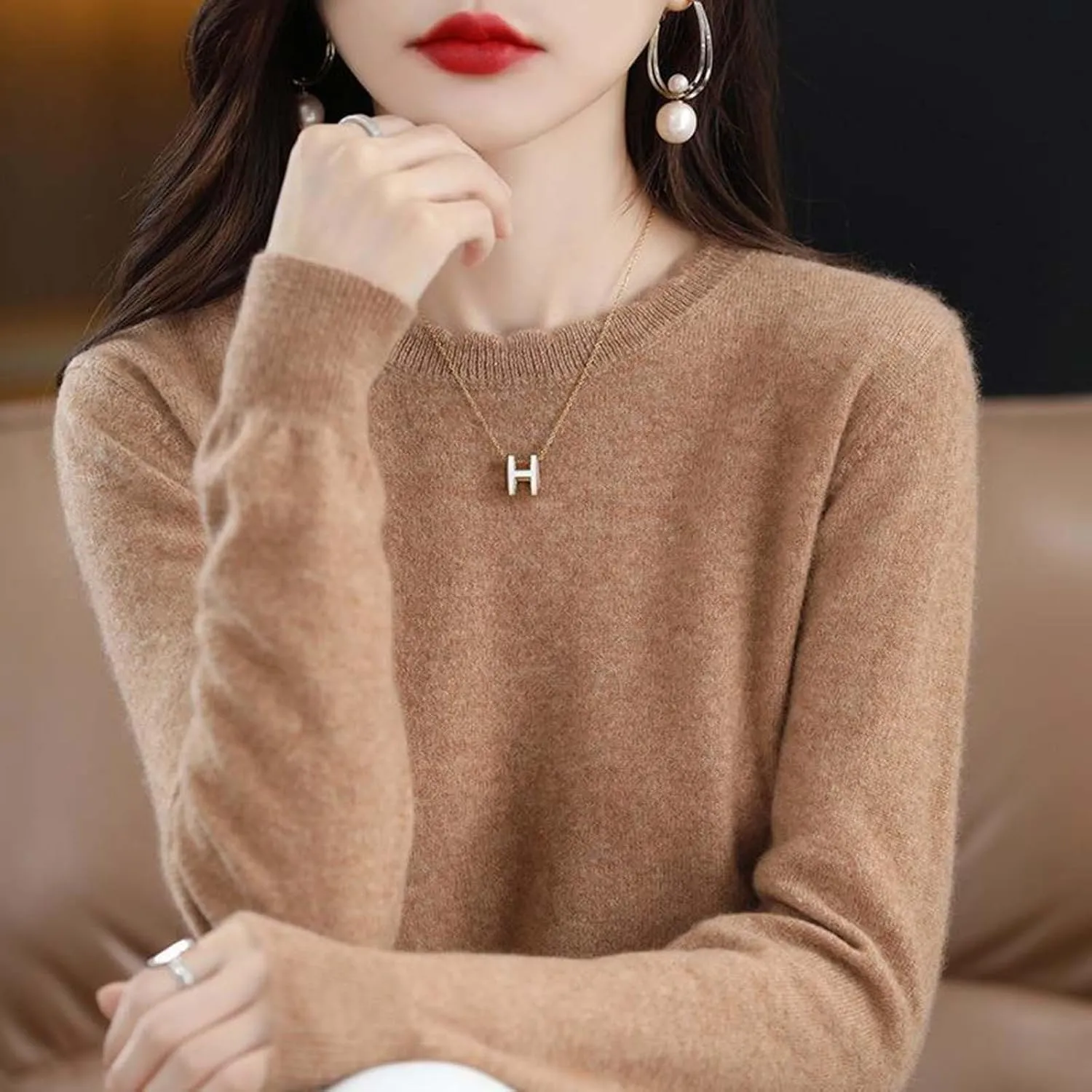 Women's Merino Wool Cashmere Sweater Loose Fit Long Sleeve Crew Neck Plain Knitted Pullover Jumper Tops