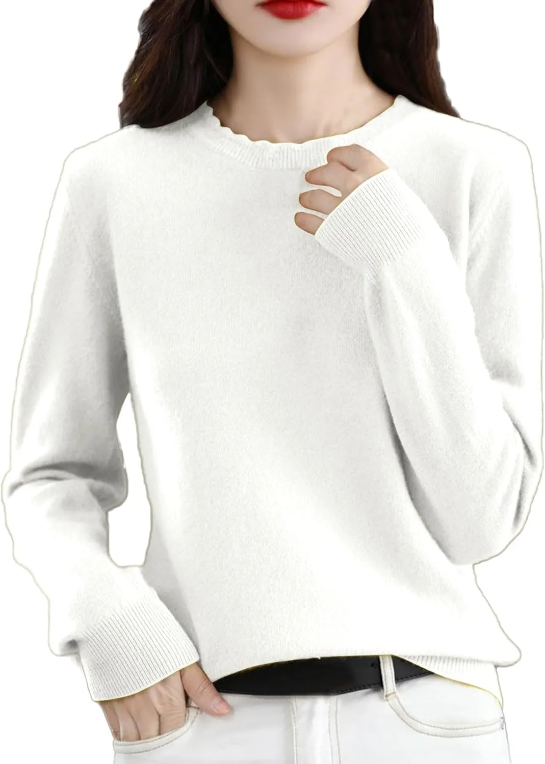 Women's Merino Wool Cashmere Sweater Loose Fit Long Sleeve Crew Neck Plain Knitted Pullover Jumper Tops
