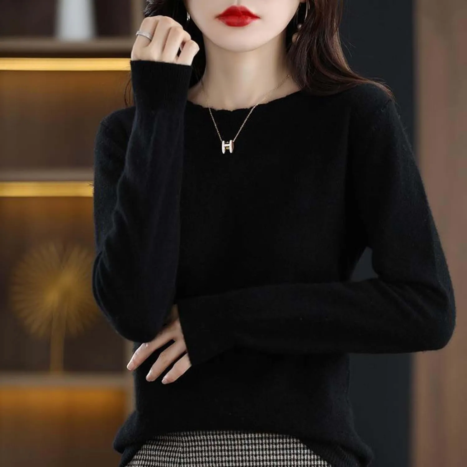 Women's Merino Wool Cashmere Sweater Loose Fit Long Sleeve Crew Neck Plain Knitted Pullover Jumper Tops