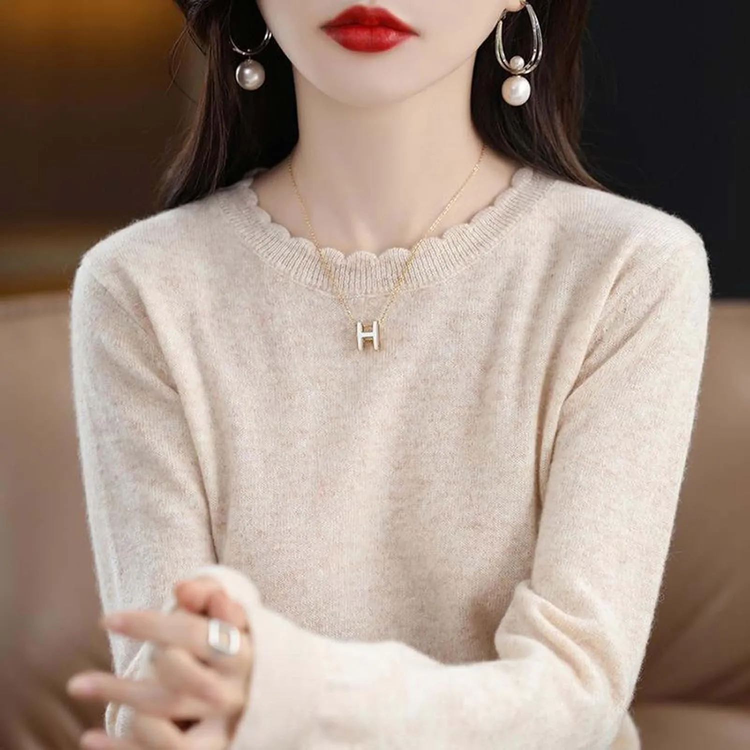 Women's Merino Wool Cashmere Sweater Loose Fit Long Sleeve Crew Neck Plain Knitted Pullover Jumper Tops