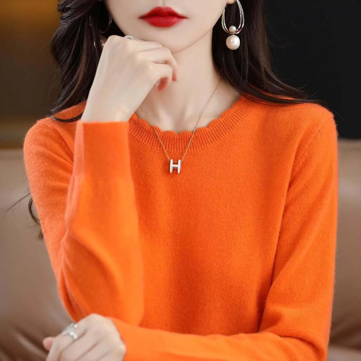 Women's Merino Wool Cashmere Sweater Loose Fit Long Sleeve Crew Neck Plain Knitted Pullover Jumper Tops