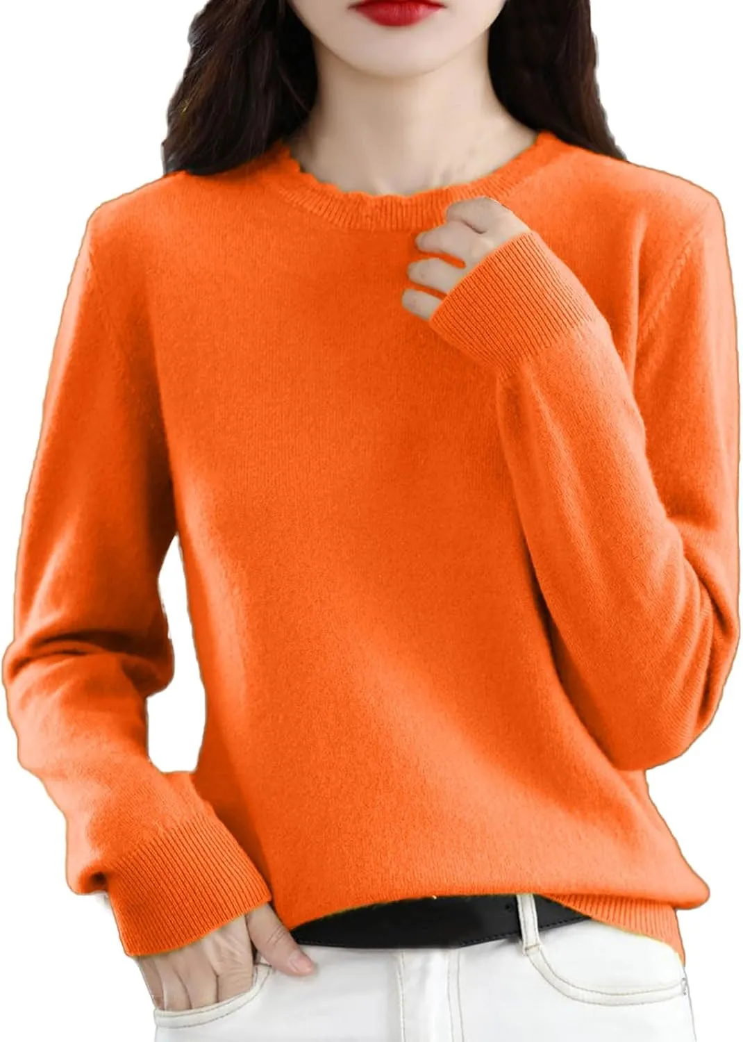Women's Merino Wool Cashmere Sweater Loose Fit Long Sleeve Crew Neck Plain Knitted Pullover Jumper Tops