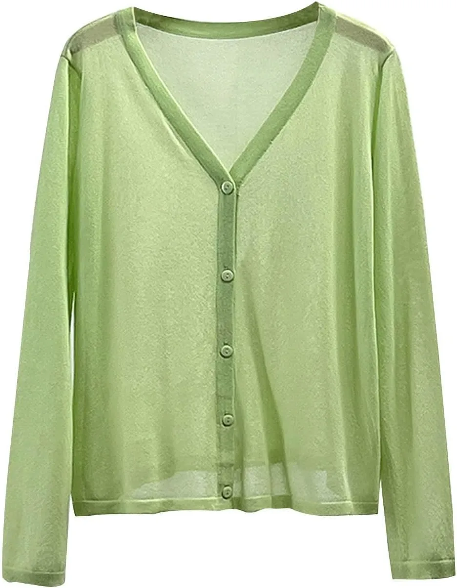 Womens Mesh Shrugs Lightweight Open Front Knit Cardigan Long Sleeve Casual Soft Draped Fall Button Down Cover Ups