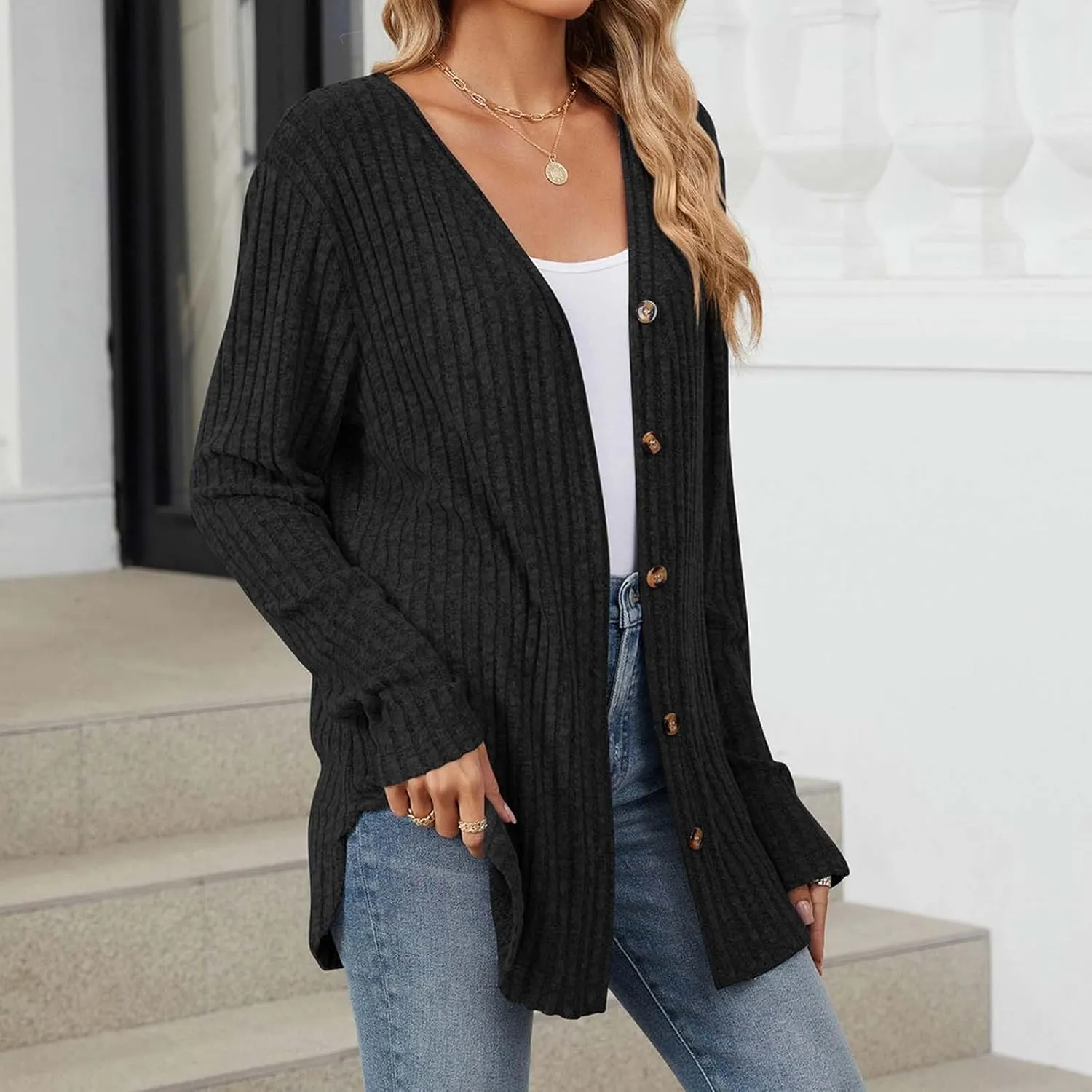 Women's Open Front Lightweight Cardigan 2024 Fall Casual Long Sleeve Knit Sweater Button Down Loose Outwear Coats