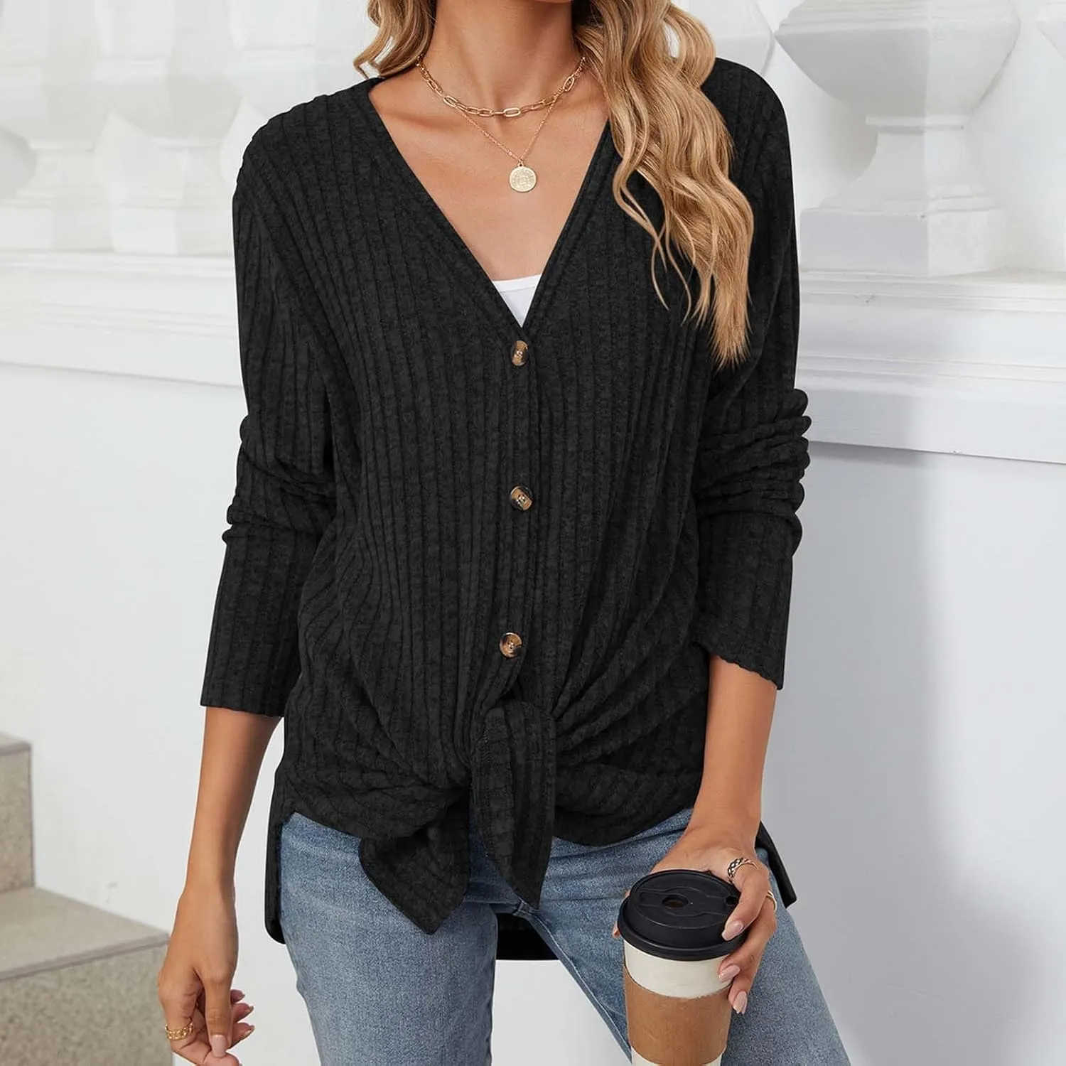 Women's Open Front Lightweight Cardigan 2024 Fall Casual Long Sleeve Knit Sweater Button Down Loose Outwear Coats