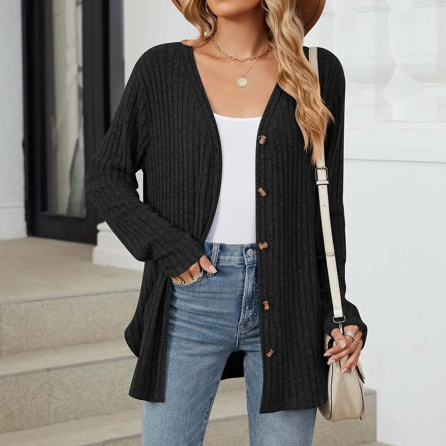 Women's Open Front Lightweight Cardigan 2024 Fall Casual Long Sleeve Knit Sweater Button Down Loose Outwear Coats
