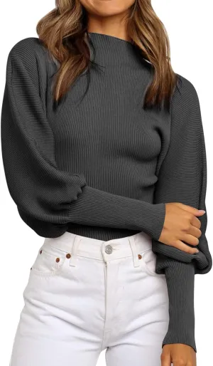 Women's Oversized Pullover 2023 Fall Sweaters Turtleneck Collar Solid Oversized Ribbed Knit Pullover Sweater (Black, L)