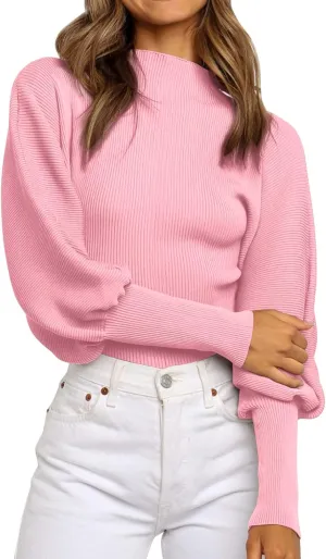 Women's Oversized Pullover 2023 Fall Sweaters Turtleneck Collar Solid Oversized Ribbed Knit Pullover Sweater (Pink, XL)