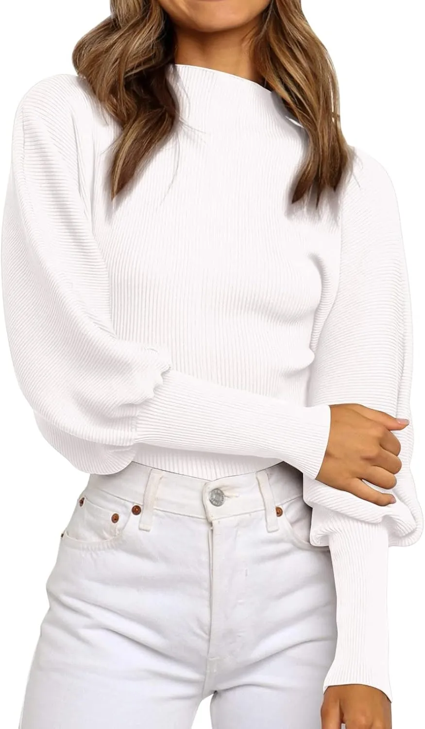 Women's Oversized Pullover 2023 Fall Sweaters Turtleneck Collar Solid Oversized Ribbed Knit Pullover Sweater (White, L)