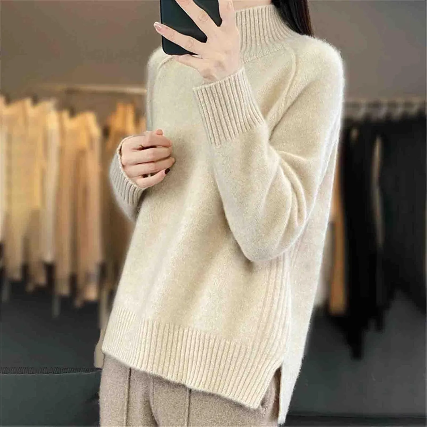 Women's Oversized Turtleneck Solid Sweaters