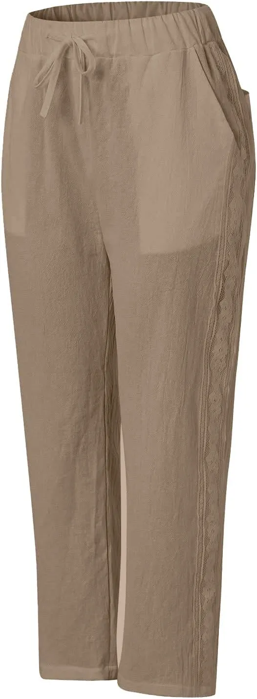 Womens Pants, Linen Peasant Pants Casual Straight Leg Trendy Elastic Waist Drawstring