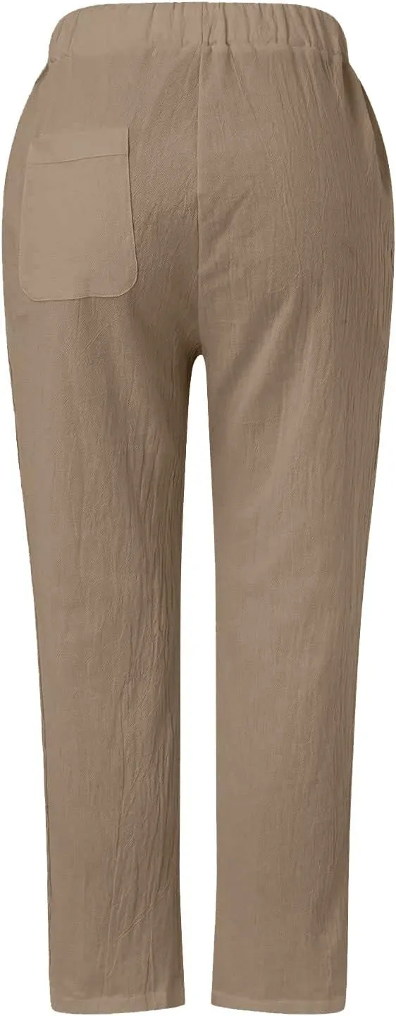 Womens Pants, Linen Peasant Pants Casual Straight Leg Trendy Elastic Waist Drawstring