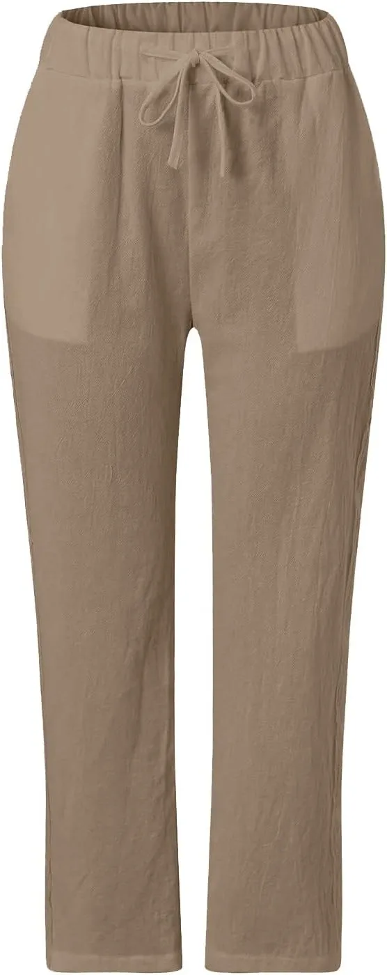 Womens Pants, Linen Peasant Pants Casual Straight Leg Trendy Elastic Waist Drawstring
