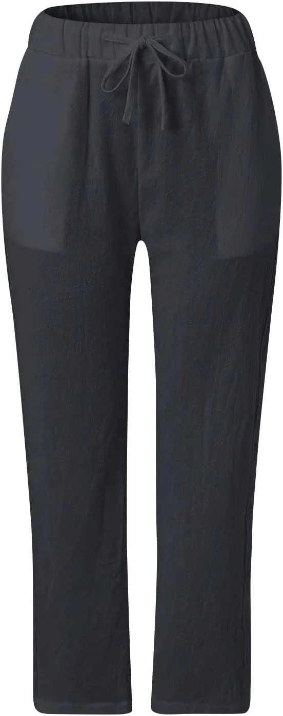 Womens Pants, Linen Peasant Pants Casual Straight Leg Trendy Elastic Waist Drawstring
