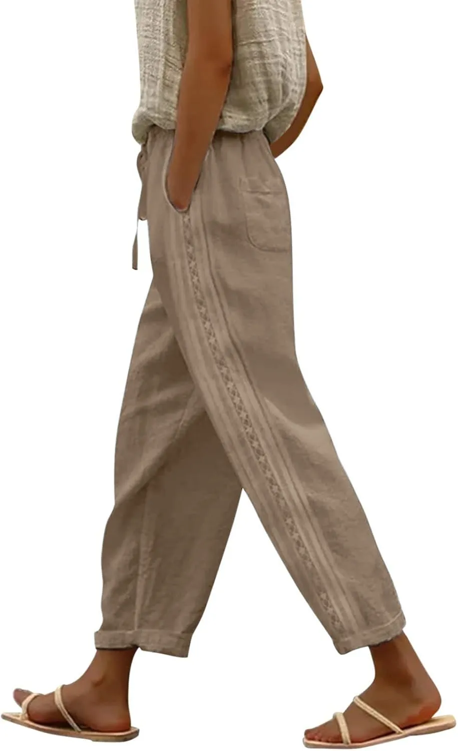Womens Pants, Linen Peasant Pants Casual Straight Leg Trendy Elastic Waist Drawstring
