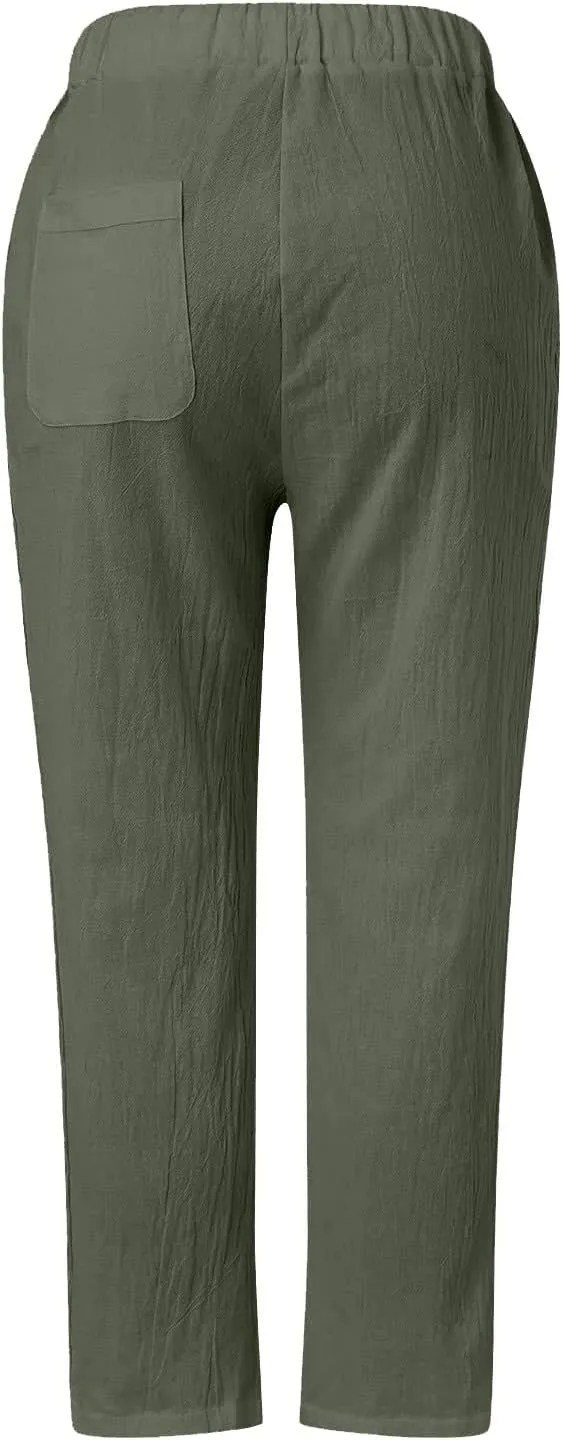 Womens Pants, Linen Peasant Pants Casual Straight Leg Trendy Elastic Waist Drawstring