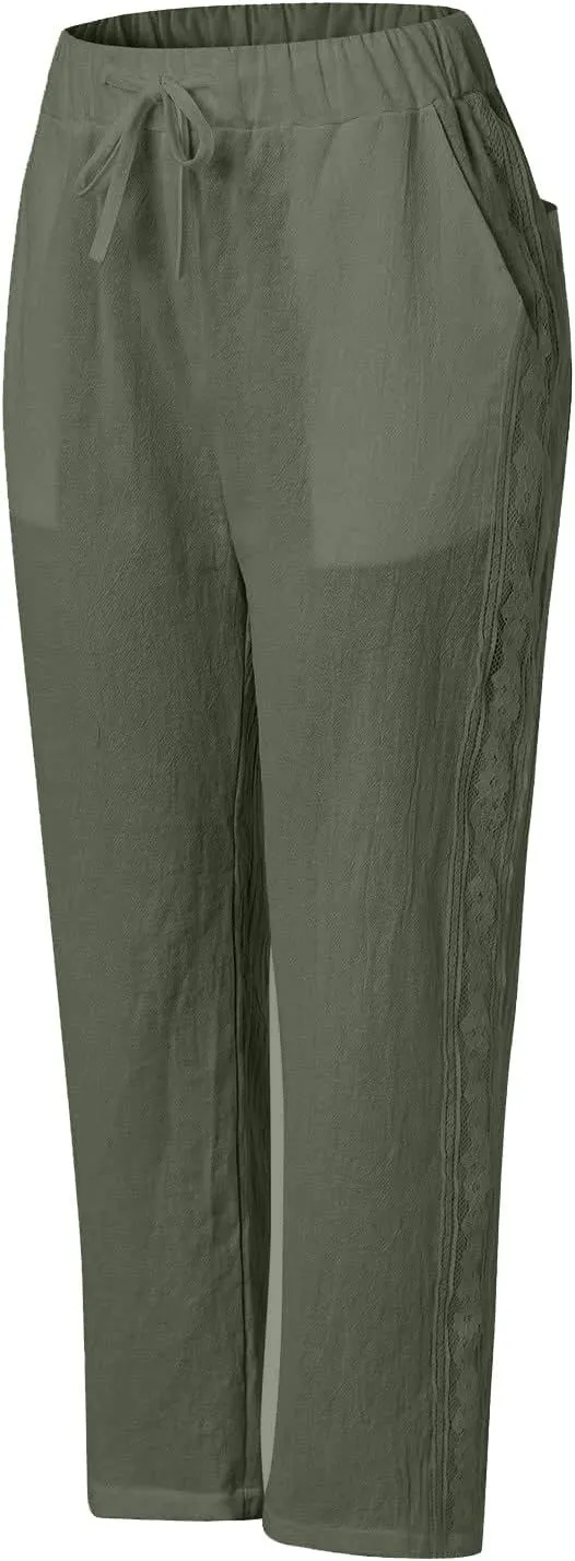 Womens Pants, Linen Peasant Pants Casual Straight Leg Trendy Elastic Waist Drawstring