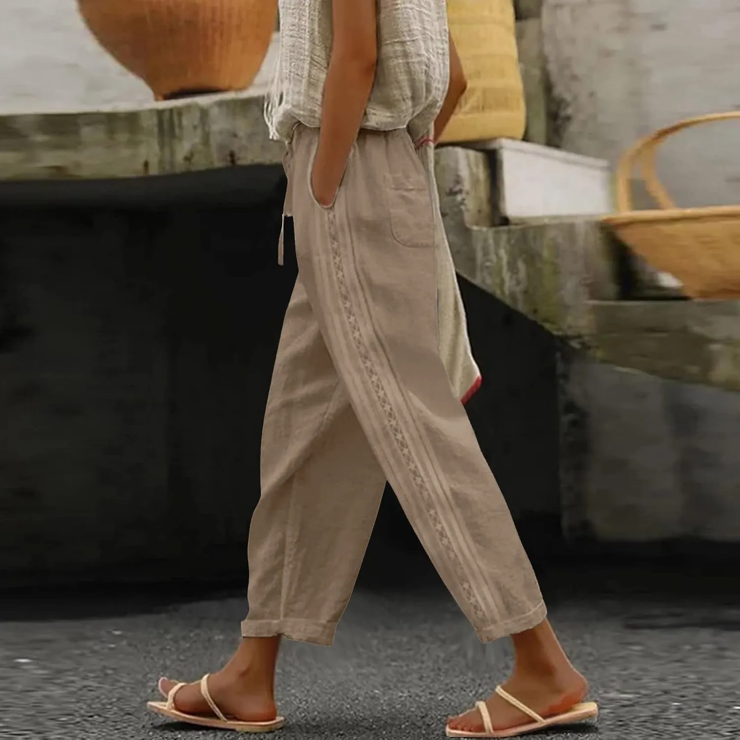 Womens Pants, Linen Peasant Pants Casual Straight Leg Trendy Elastic Waist Drawstring