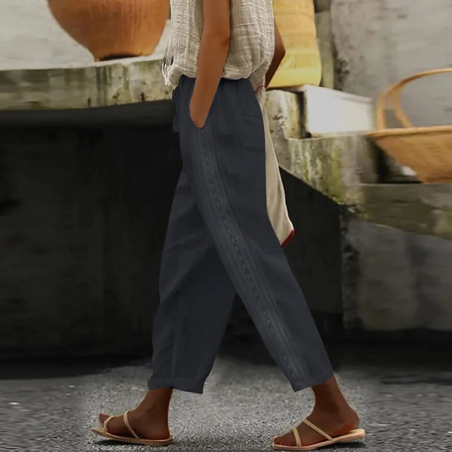 Womens Pants, Linen Peasant Pants Casual Straight Leg Trendy Elastic Waist Drawstring