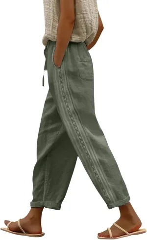 Womens Pants, Linen Peasant Pants Casual Straight Leg Trendy Elastic Waist Drawstring