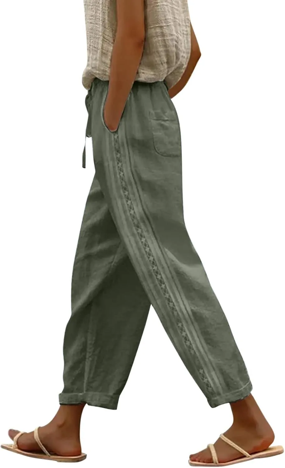 Womens Pants, Linen Peasant Pants Casual Straight Leg Trendy Elastic Waist Drawstring