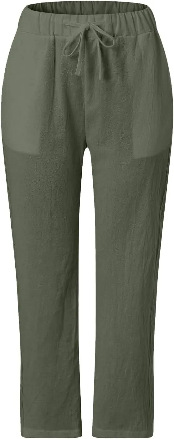 Womens Pants, Linen Peasant Pants Casual Straight Leg Trendy Elastic Waist Drawstring