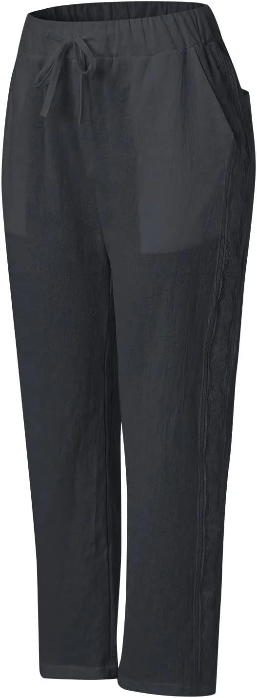 Womens Pants, Linen Peasant Pants Casual Straight Leg Trendy Elastic Waist Drawstring