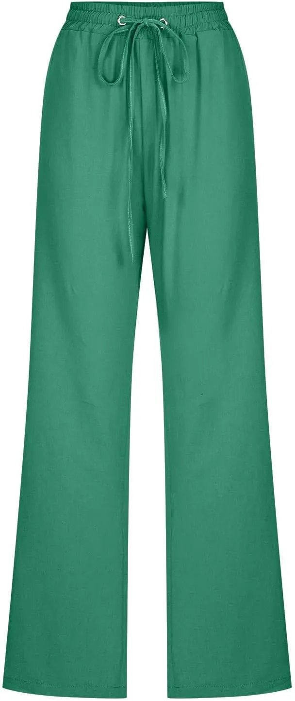 Women's Plus Size Linen Pans Straight Leg Casual Work Pants High Waisted Comfy Summer Pants Lightweight Lounge Pants