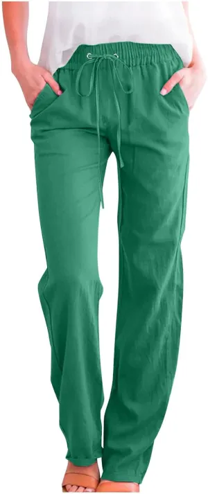 Women's Plus Size Linen Pans Straight Leg Casual Work Pants High Waisted Comfy Summer Pants Lightweight Lounge Pants