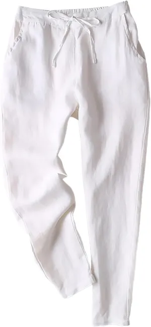 Womens Plus Size Linen Pants Wide Leg Capri Drawstring Elastic Trousers High Elastic Waist Flowy Pants with Pockets