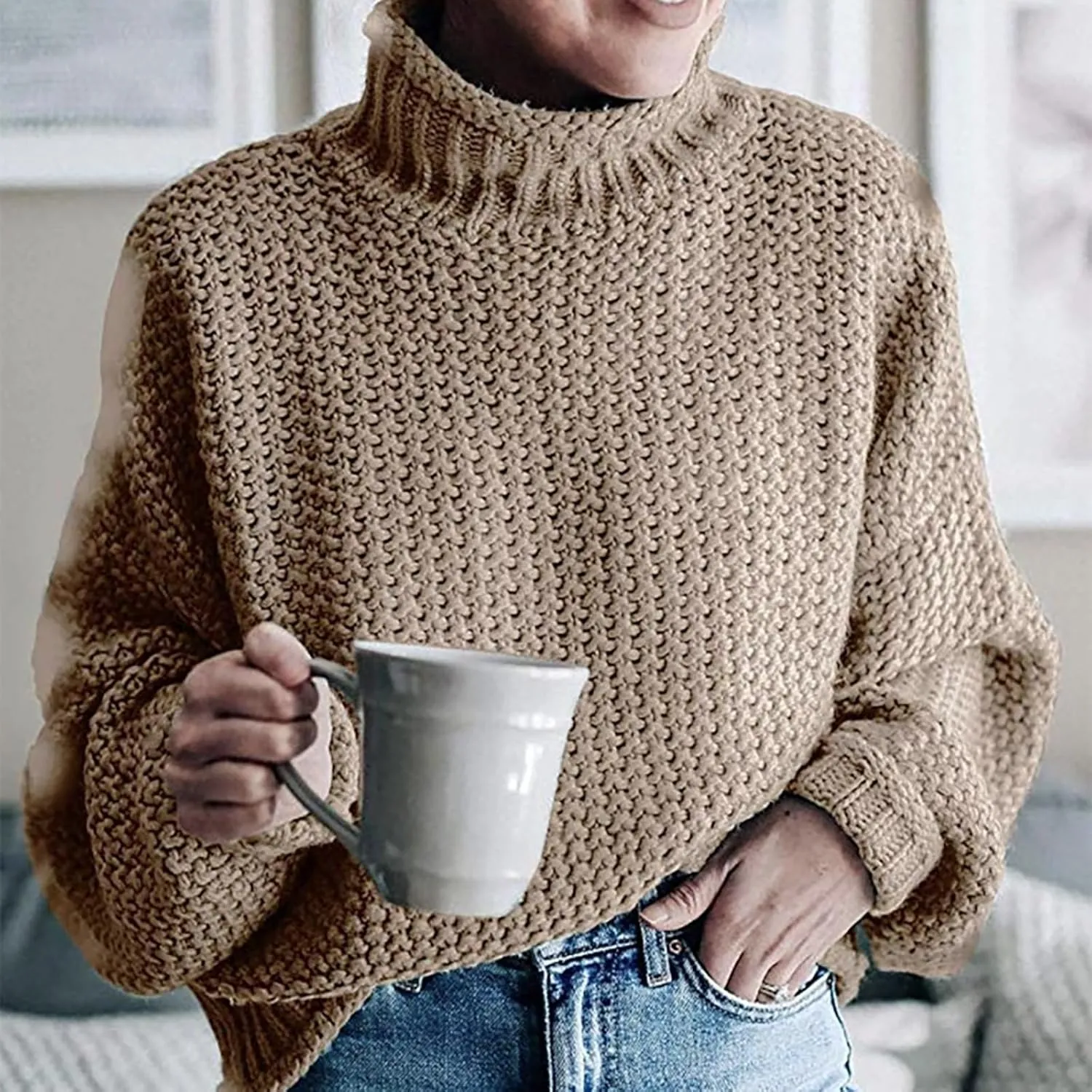 Womens Plus Size Sweater Solid Color Tops, Long-Sleeved Turtleneck Sweaters, Fall Fuzzy Knit Warm Pullover Sweater