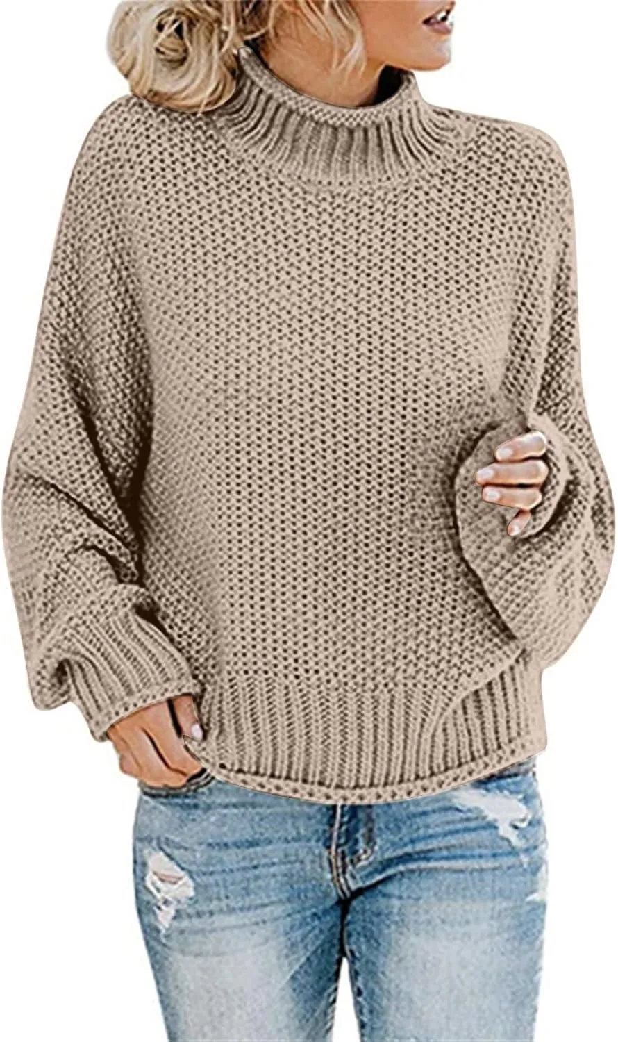 Womens Plus Size Sweater Solid Color Tops, Long-Sleeved Turtleneck Sweaters, Fall Fuzzy Knit Warm Pullover Sweater