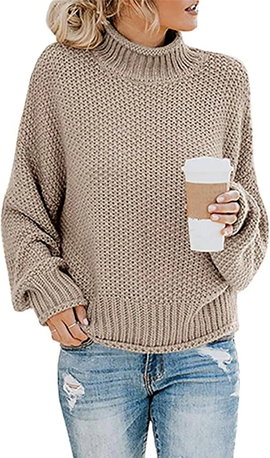 Womens Plus Size Sweater Solid Color Tops, Long-Sleeved Turtleneck Sweaters, Fall Fuzzy Knit Warm Pullover Sweater