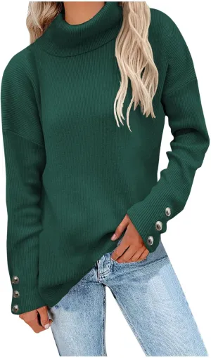 Women's Ribbed Knit Sweater Long Sleeve Turtleneck Trendy Sweaters Comfortable Loose Fit Sweaters