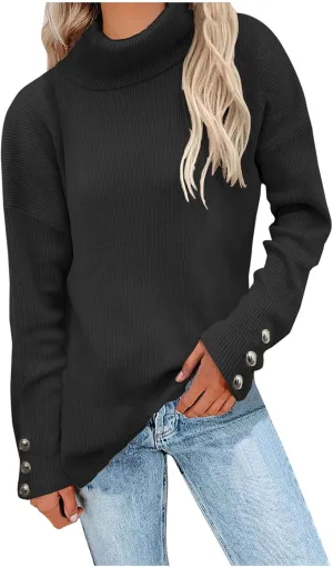 Women's Ribbed Knit Sweater Long Sleeve Turtleneck Trendy Sweaters Comfortable Loose Fit Sweaters