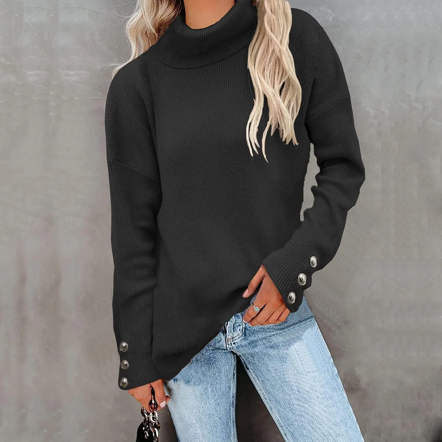 Women's Ribbed Knit Sweater Long Sleeve Turtleneck Trendy Sweaters Comfortable Loose Fit Sweaters