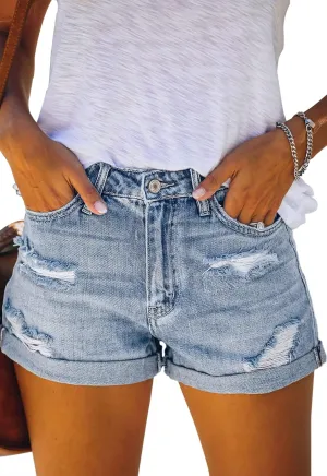 Women's Ripped High Waisted Denim Shorts Stretchy Cuffed Hem Jean Shorts