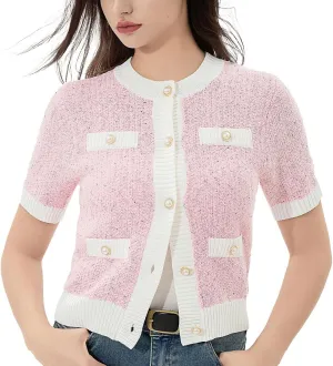 Womens Short Sleeve Cardigans Tops Summer Button Up Work Cropped Sweater Shirts 2025