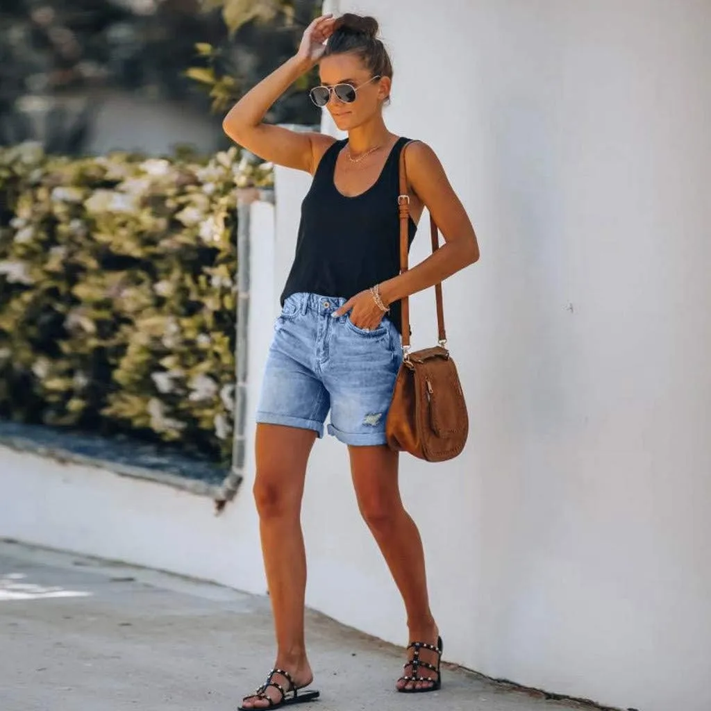 Womens Split Hem High Waist Denim Skorts Skirt Shorts Button Ripped Jeans Shorts Fringed Distressed Denim Mini Shorts