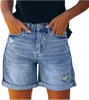 Womens Split Hem High Waist Denim Skorts Skirt Shorts Button Ripped Jeans Shorts Fringed Distressed Denim Mini Shorts