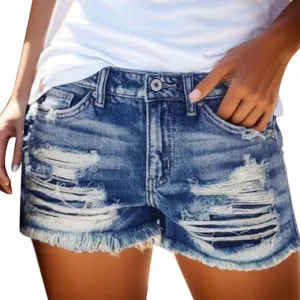 Womens Split Hem High Waist Denim Skorts Skirt Shorts Button Ripped Jeans Shorts Fringed Distressed Denim Mini Shorts