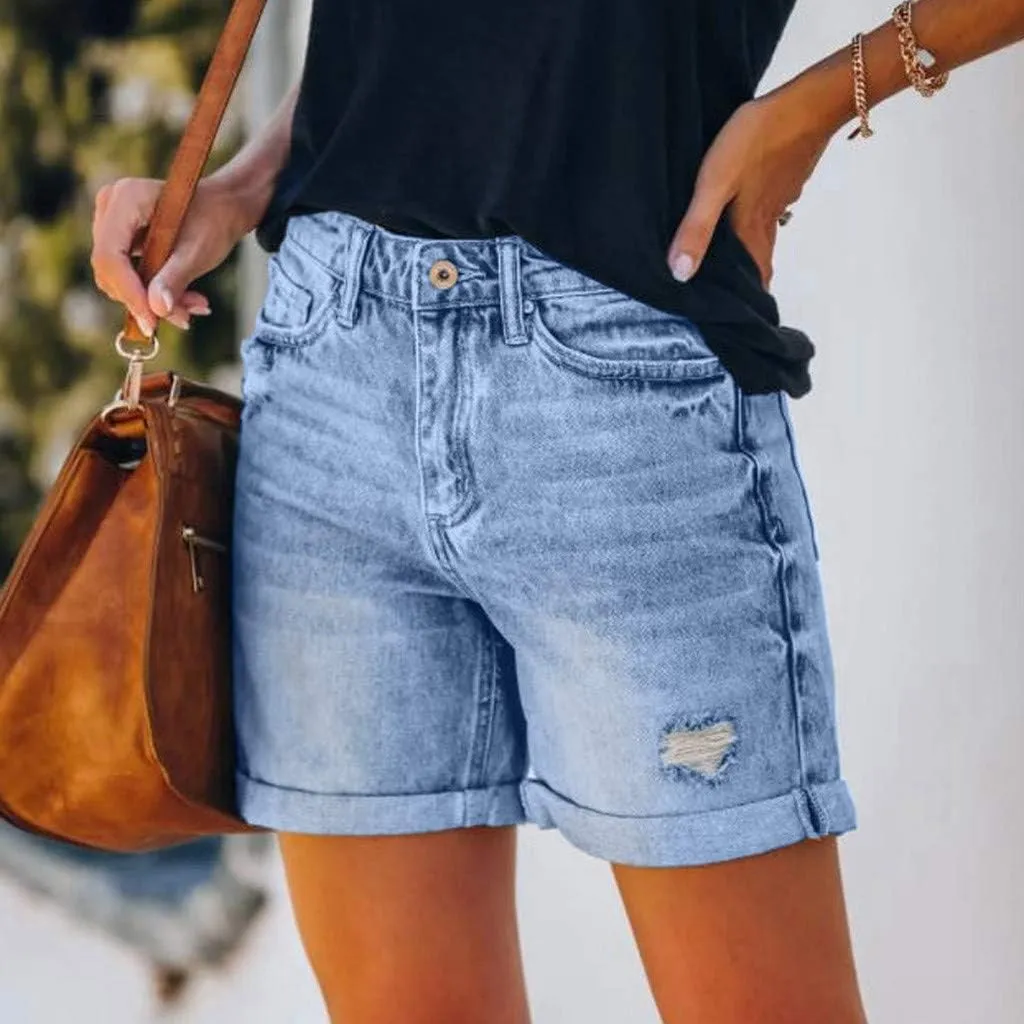 Womens Split Hem High Waist Denim Skorts Skirt Shorts Button Ripped Jeans Shorts Fringed Distressed Denim Mini Shorts