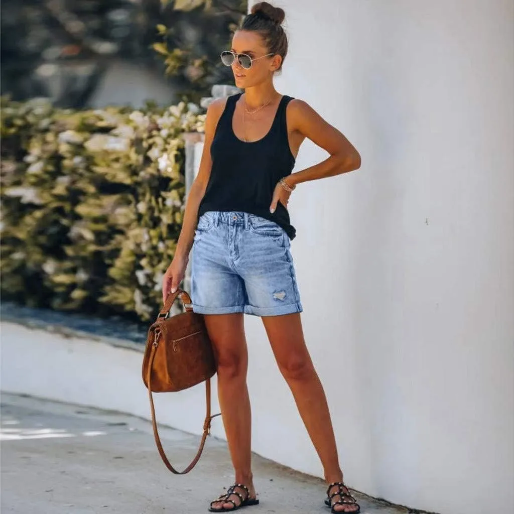 Womens Split Hem High Waist Denim Skorts Skirt Shorts Button Ripped Jeans Shorts Fringed Distressed Denim Mini Shorts