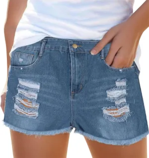 Womens Split Hem High Waist Denim Skorts Skirt Shorts Button Ripped Jeans Shorts Fringed Distressed Denim Mini Shorts