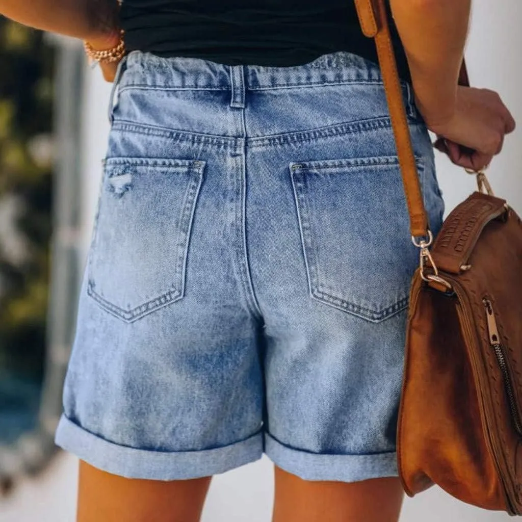 Womens Split Hem High Waist Denim Skorts Skirt Shorts Button Ripped Jeans Shorts Fringed Distressed Denim Mini Shorts